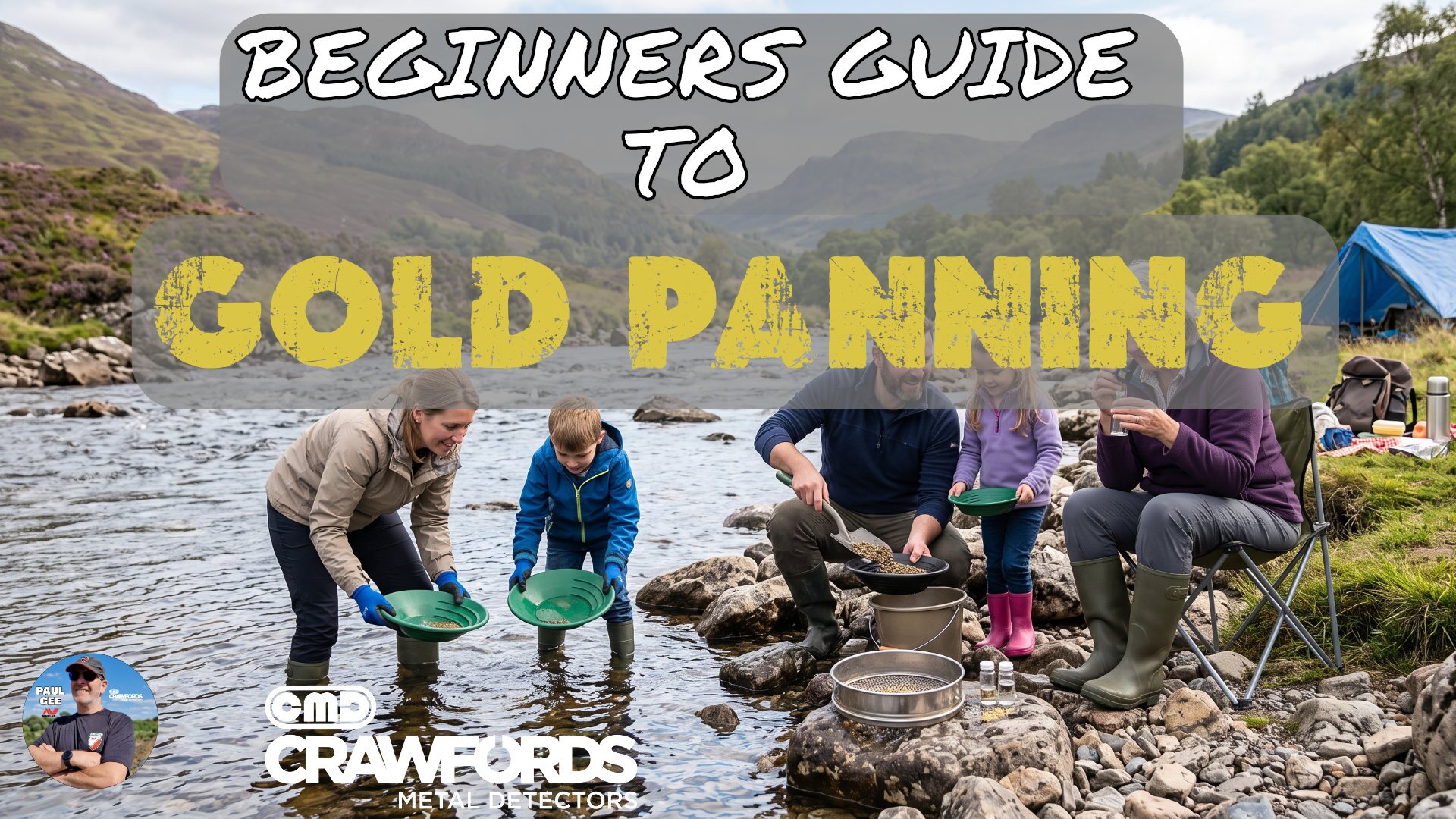 Gold Panning in the UK: Complete Guide A British family gold panning with minelab riffled pans by a scenic river in the Scottish Highlands.