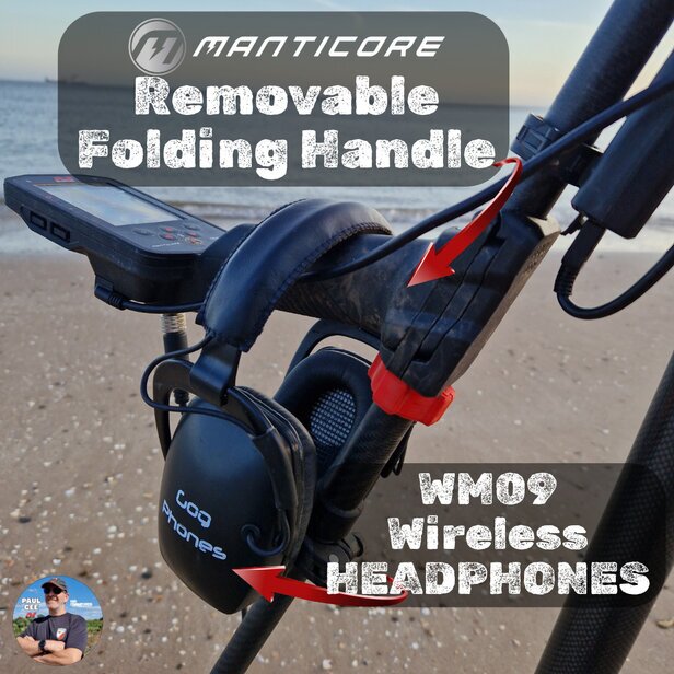 Minelab Manticore metal detector featuring GOG folding removable handle and GOG wireless headphones with WM09 module on the beach.
