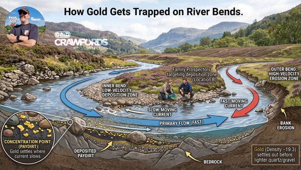 how gold gets trapped and settles in certain places in the flow of a river or stream in the uk