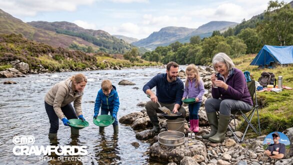 gold panning with Minelab riffled pans by a scenic river in the Scottish Highlands